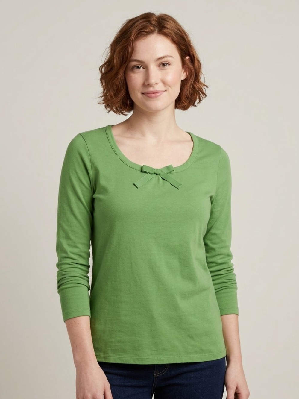 L.L. Bean Green Long-Sleeve Scoop Neck Top with Front Bow